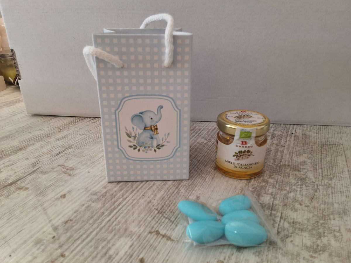 Bomboniera Miele Italiano BIO di gusti misti 35g con Shopper Elefantino Azzurro e Confetti