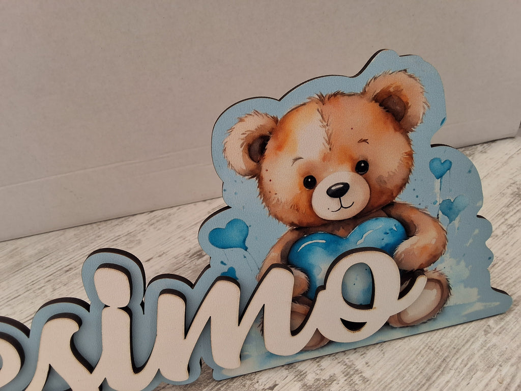 Scritta in Legno "Battesimo" con Orsetto Azzurro da Tavolo - 45x13,5 cm