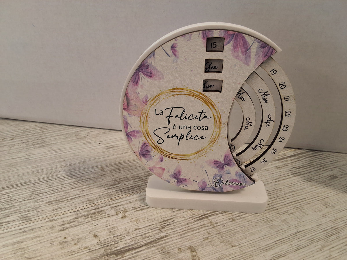Bomboniera Calendario Perpetuo in Legno e Resina con Scritta, Sacchetto Confetti e Scatola