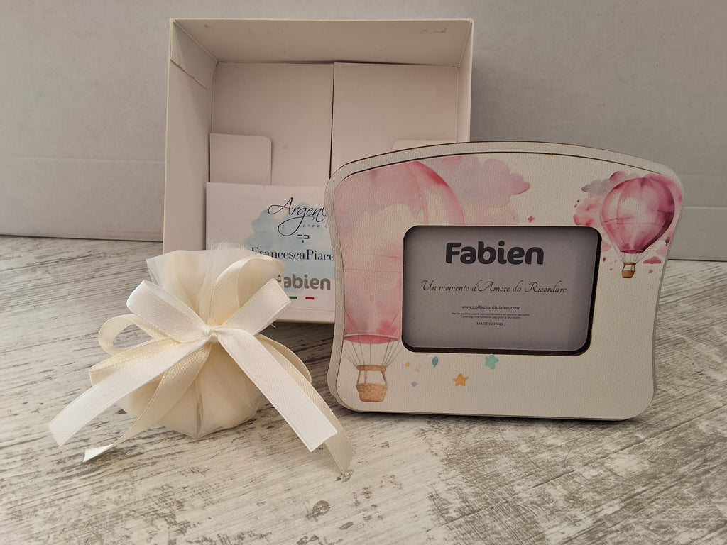 Portafoto da Tavolo in Legno Mongolfiere Rosa "Fabien" - Completo di Scatola e Sacchetto Confetti