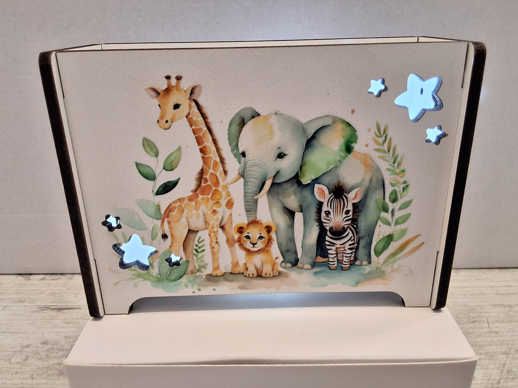 Lampada da Notte in Legno Tema Safari - LED a Batterie con Scatola e Sacchetto Confetti