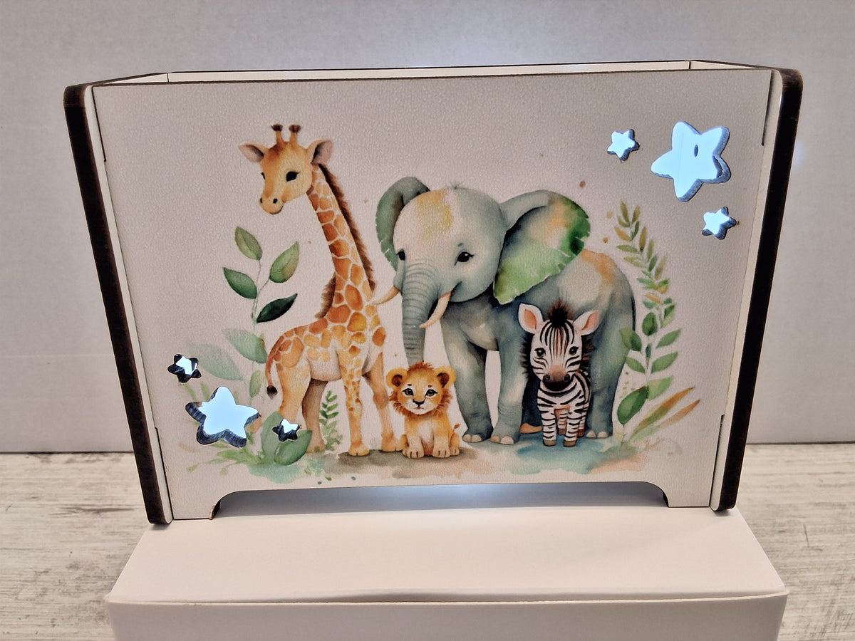 Lampada da Notte in Legno Tema Safari - LED a Batterie con Scatola e Sacchetto Confetti
