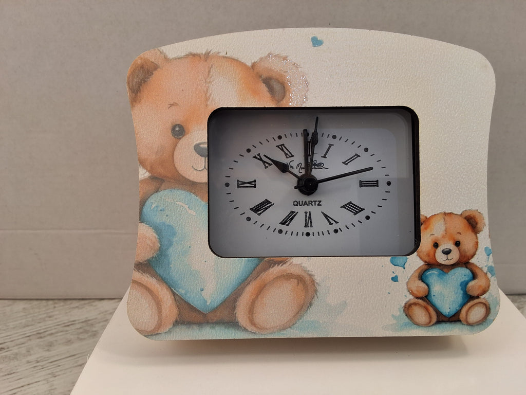 Orologio Sveglia da Tavolo in Legno Orsetto Azzurro "Fabien" - Completo di Scatola e Sacchetto Confetti