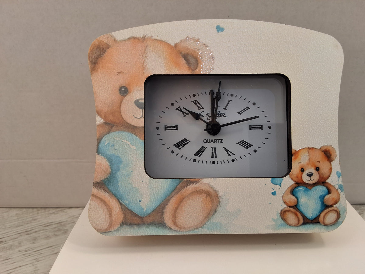 Orologio Sveglia da Tavolo in Legno Orsetto Azzurro "Fabien" - Completo di Scatola e Sacchetto Confetti