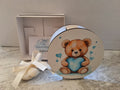 Lampada da Tavolo in Legno Orsetto con Cuore Azzurro - Completa di Scatola e Sacchetto Confetti