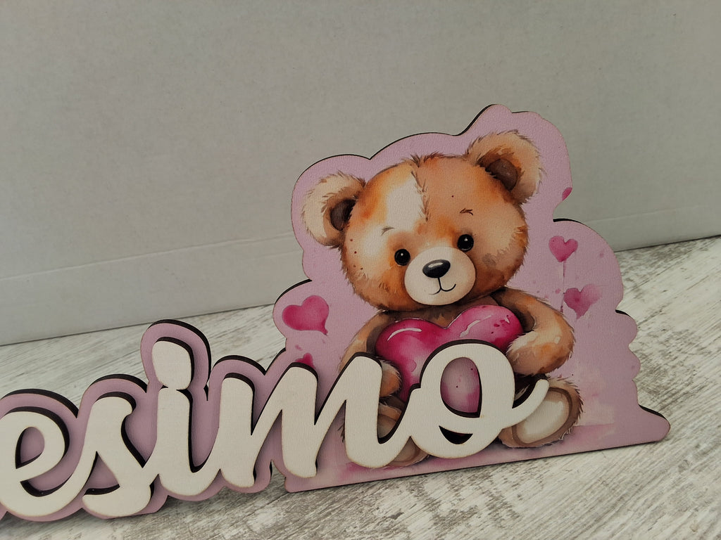 Scritta in Legno "Battesimo" con Orsetto Rosa da Tavolo - 45x13,5 cm