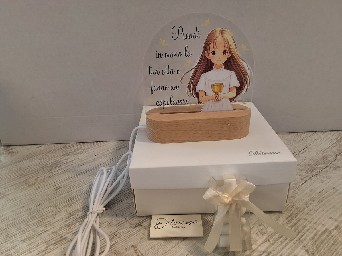 Lampada LED Prima Comunione Bimba in Legno e Plexiglas – Bomboniera Confezionata con Scatola e Confetti