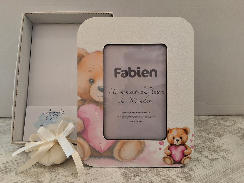 Portafoto Grande in Legno Orsetto con Cuore Rosa "Fabien" - Completo di Scatola e Sacchetto Confetti