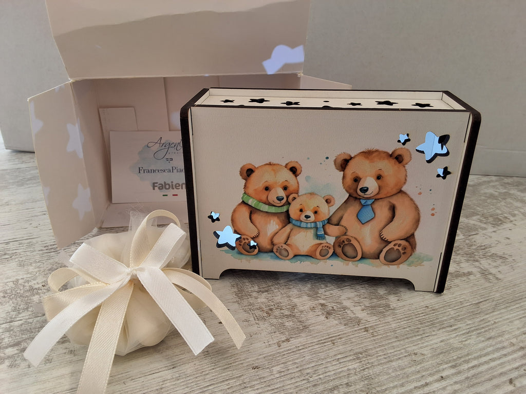 Lampada Lanterna in Legno Famiglia Orsetti con Stelle - Completa di Scatola e Sacchetto Confetti