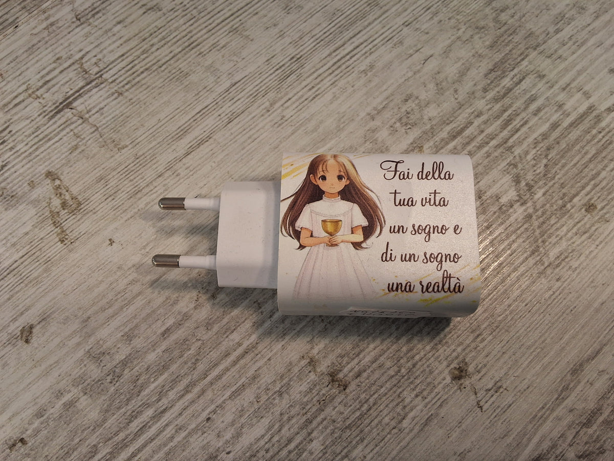 Caricatore USB Multiplo Prima Comunione Bimba 9x4,7 cm con 3 Porte – Bomboniera Confezionata con Scatola e Confetti
