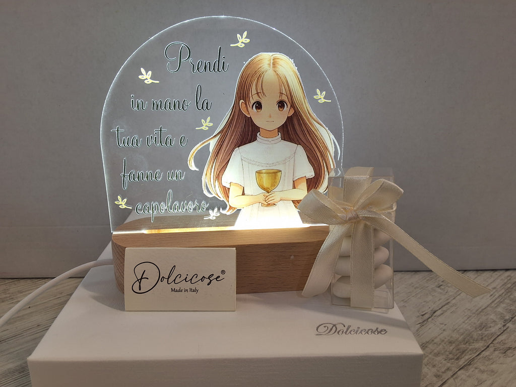 Lampada LED Prima Comunione Bimba in Legno e Plexiglas – Bomboniera Confezionata con Scatola e Confetti