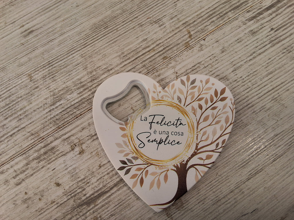 Bomboniera Apribottiglie Cuore con Albero della Vita e Frase "La Felicità è una cosa Semplice" – Con Confezione e Confetti Inclusi
