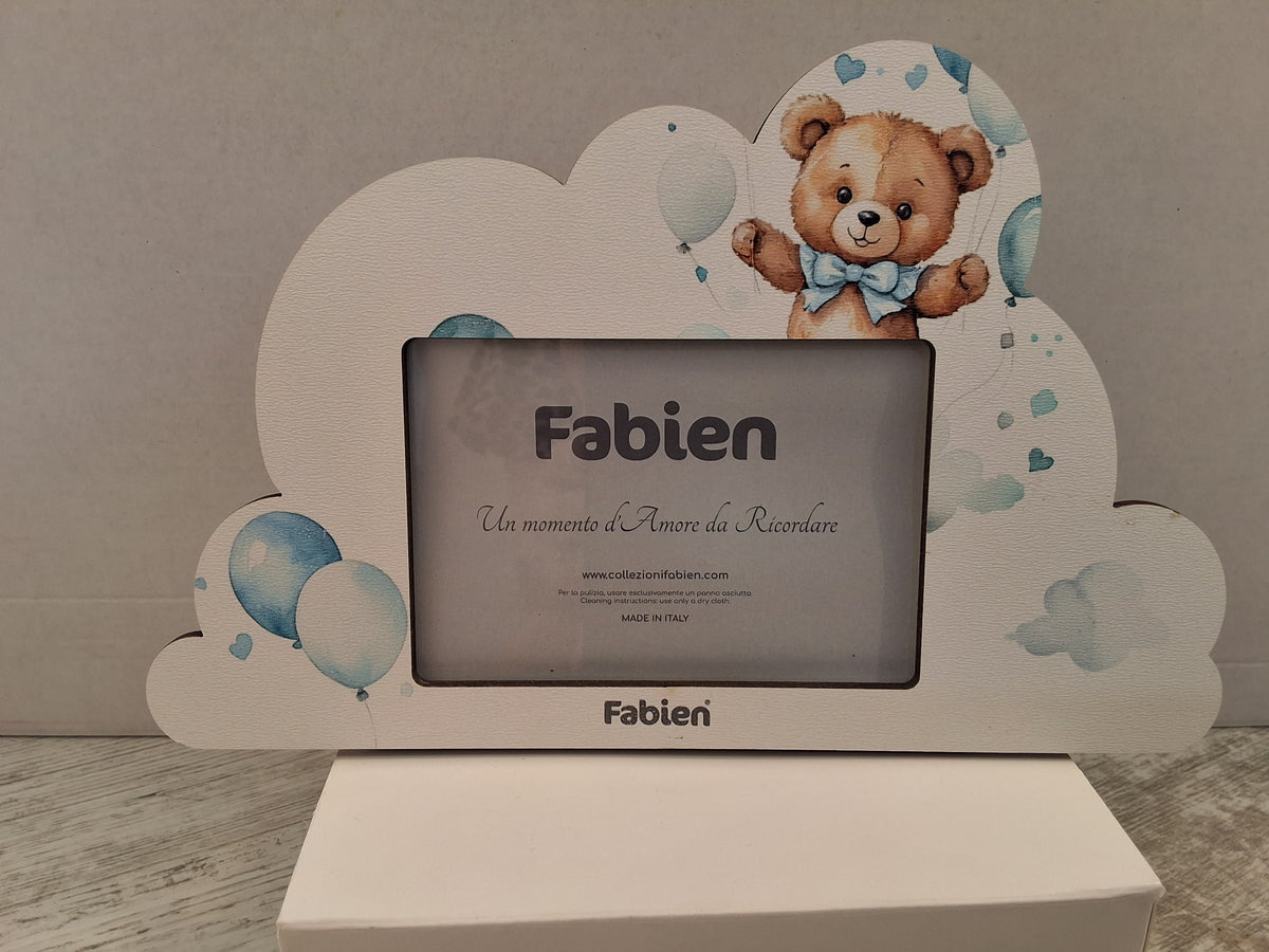 Portafoto a Nuvoletta in Legno Orsetto e Palloncini "Fabien" - Completo di Scatola e Sacchetto Confetti