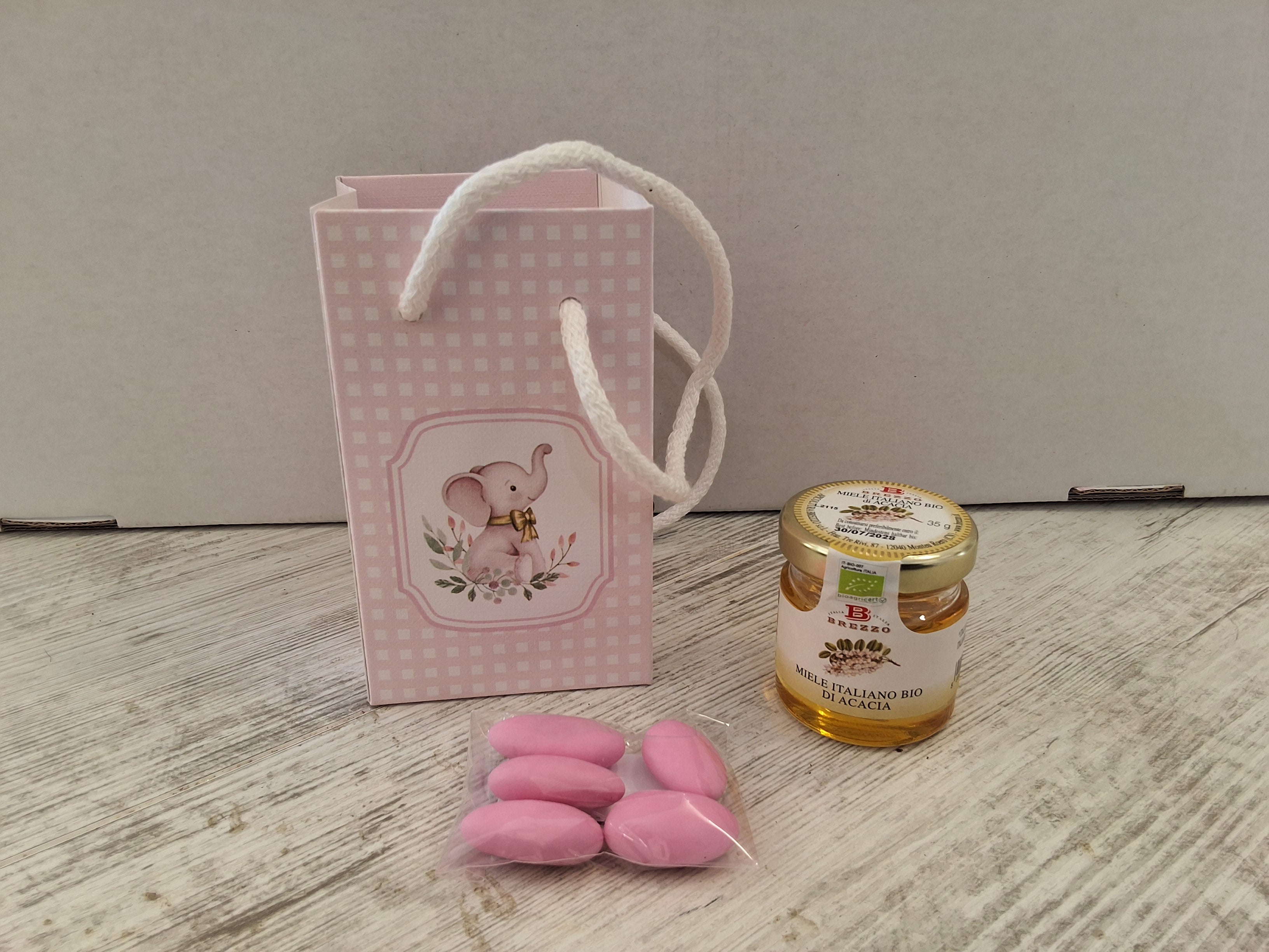 Bomboniera Miele Italiano BIO di gusti misti 35g con Shopper Elefantino Rosa e Confetti