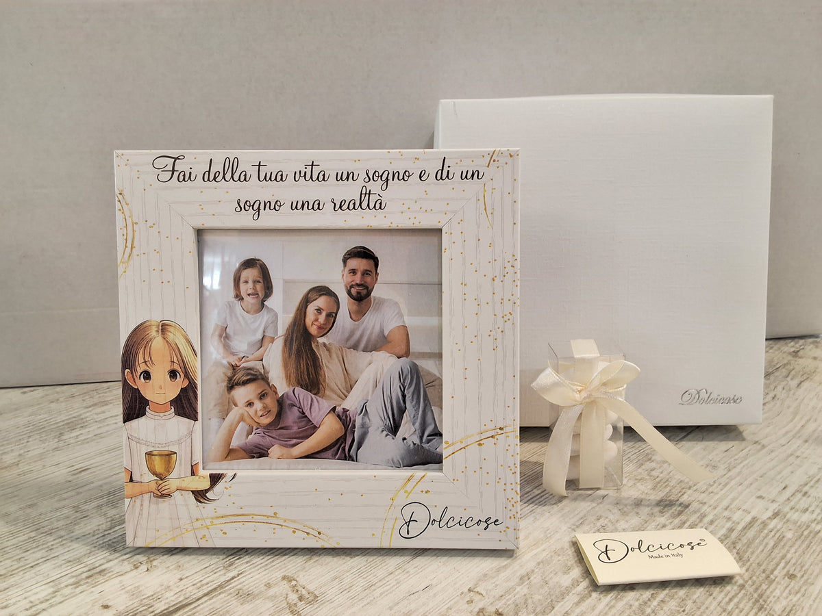 Portafoto Prima Comunione Bimba 15x15 cm in Legno "Dolcicose" – Bomboniera Confezionata con Scatola e Confetti