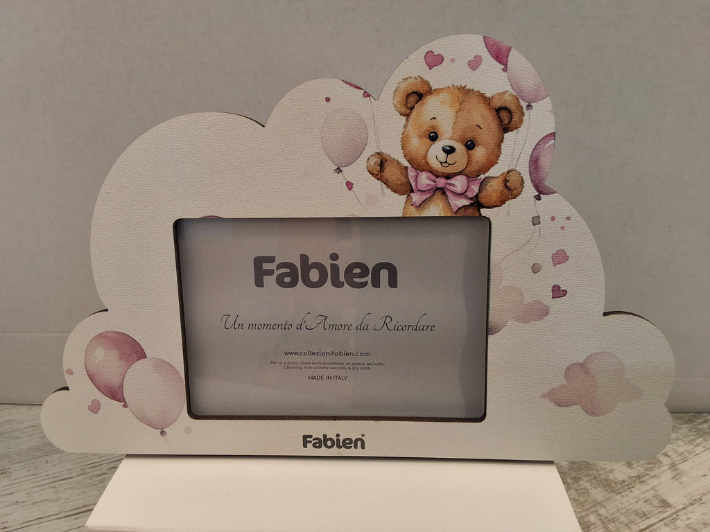 Portafoto a Nuvoletta in Legno Orsetto e Palloncini Rosa "Fabien" - Completo di Scatola e Sacchetto Confetti