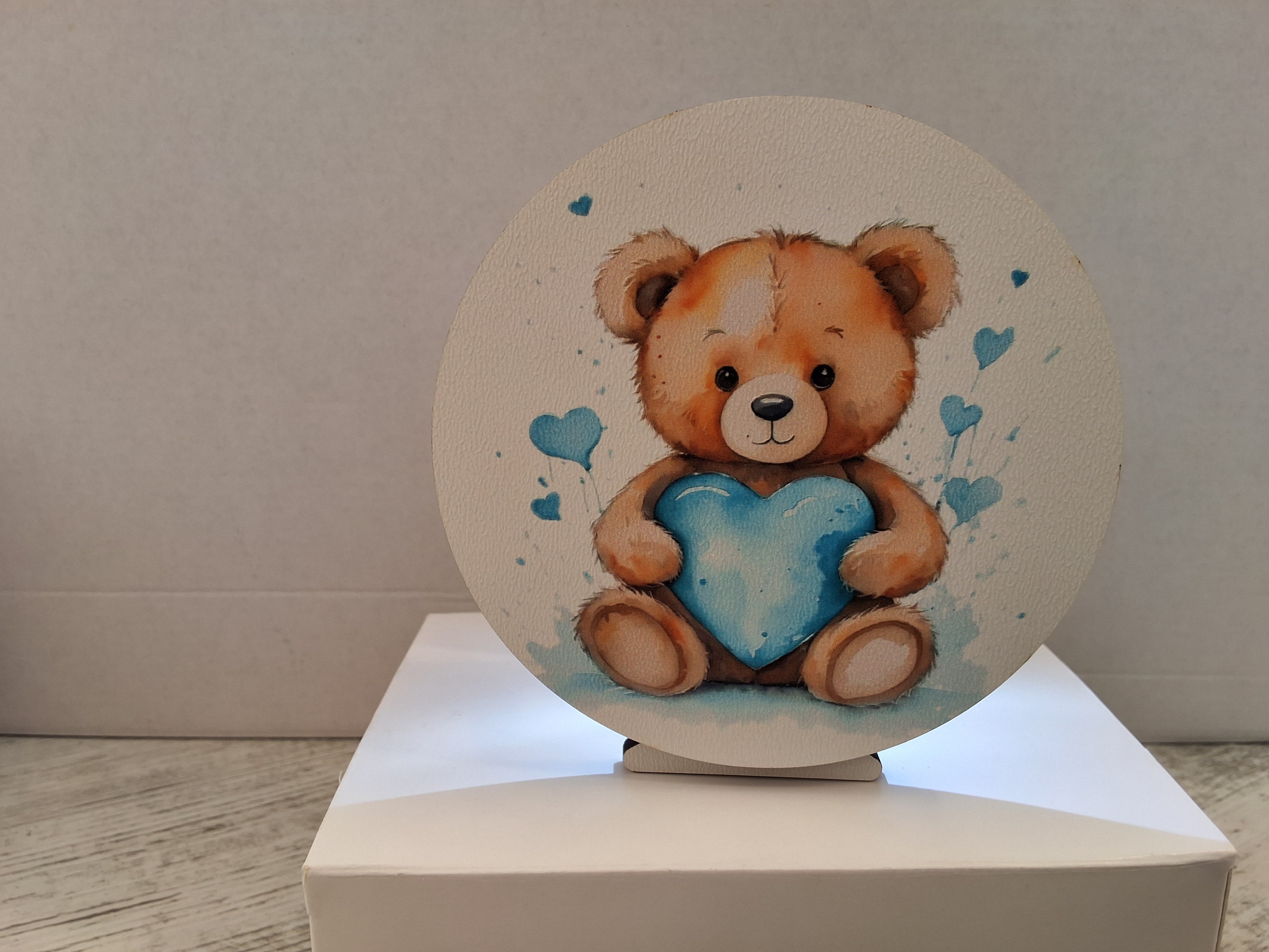 Lampada da Tavolo in Legno Orsetto con Cuore Azzurro - Completa di Scatola e Sacchetto Confetti