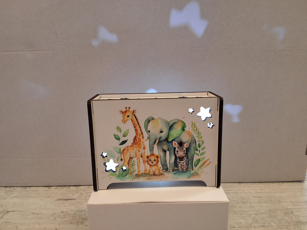 Lampada da Notte in Legno Tema Safari - LED a Batterie con Scatola e Sacchetto Confetti