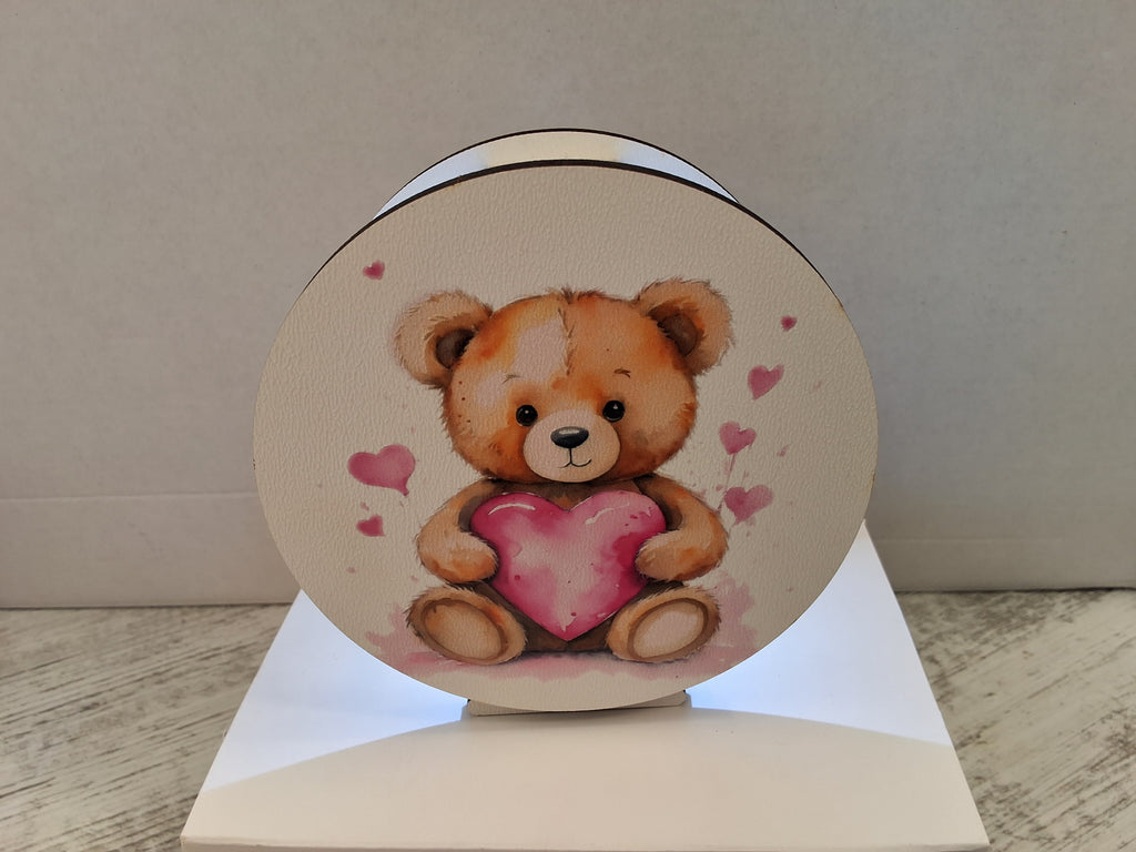 Lampada da Tavolo in Legno Orsetto con Cuore Rosa - Completa di Scatola e Sacchetto Confetti