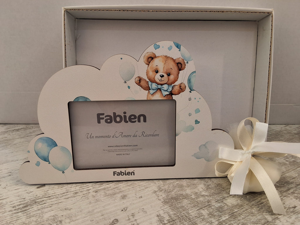 Portafoto a Nuvoletta in Legno Orsetto e Palloncini "Fabien" - Completo di Scatola e Sacchetto Confetti