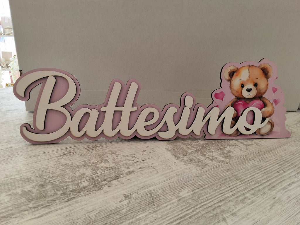 Scritta in Legno "Battesimo" con Orsetto Rosa da Tavolo - 45x13,5 cm