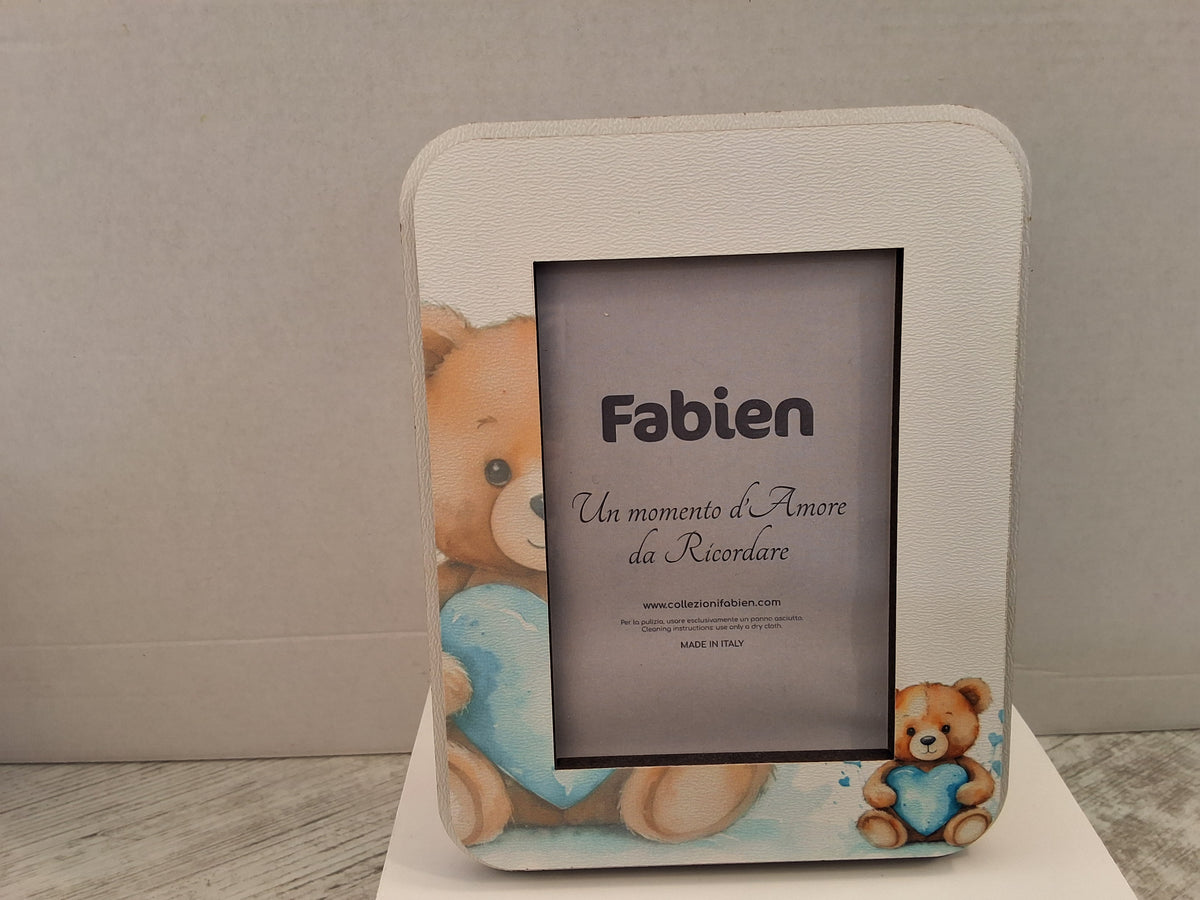 Portafoto Grande in Legno Orsetto con Cuore Azzurro "Fabien" - Completo di Scatola e Sacchetto Confetti