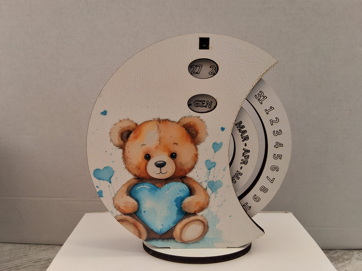 Calendario Perpetuo da Tavolo in Legno Luna Orsetto Azzurro - Completo di Scatola e Sacchetto Confetti