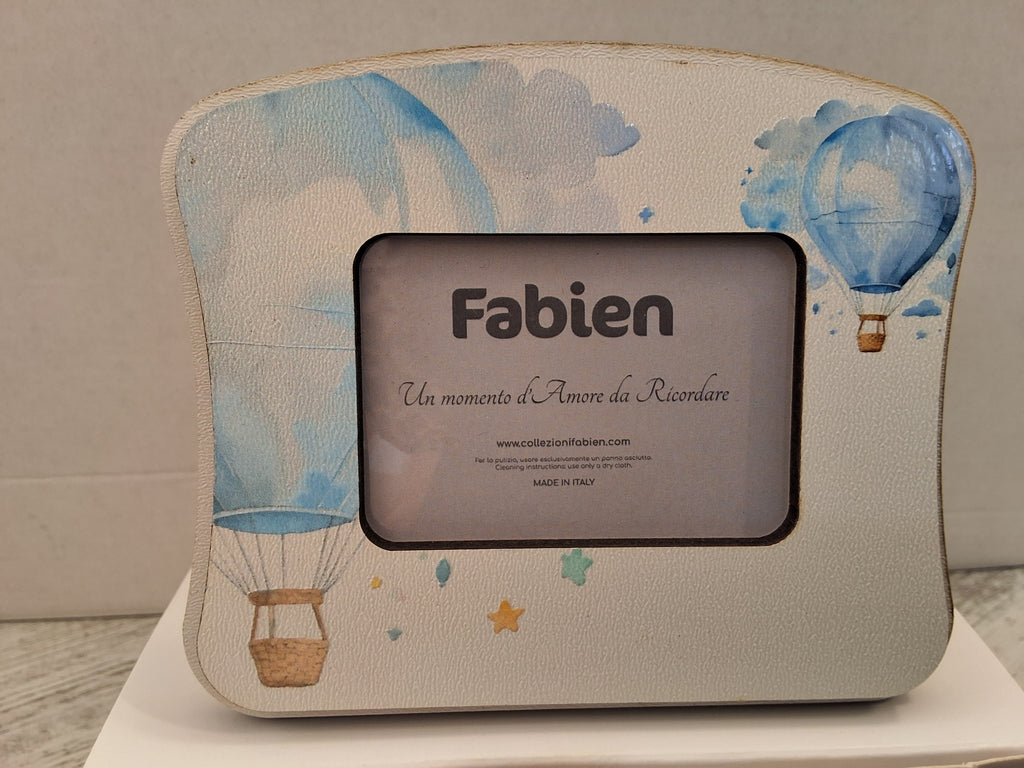 Portafoto da Tavolo in Legno Mongolfiere Azzurre "Fabien" - Completo di Scatola e Sacchetto Confetti