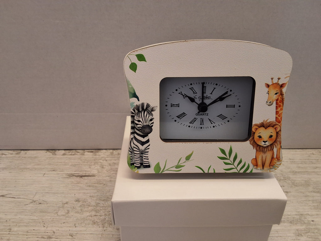 Orologio Sveglia da Tavolo in Legno Tema Safari - Completo di Scatola e Sacchetto Confetti