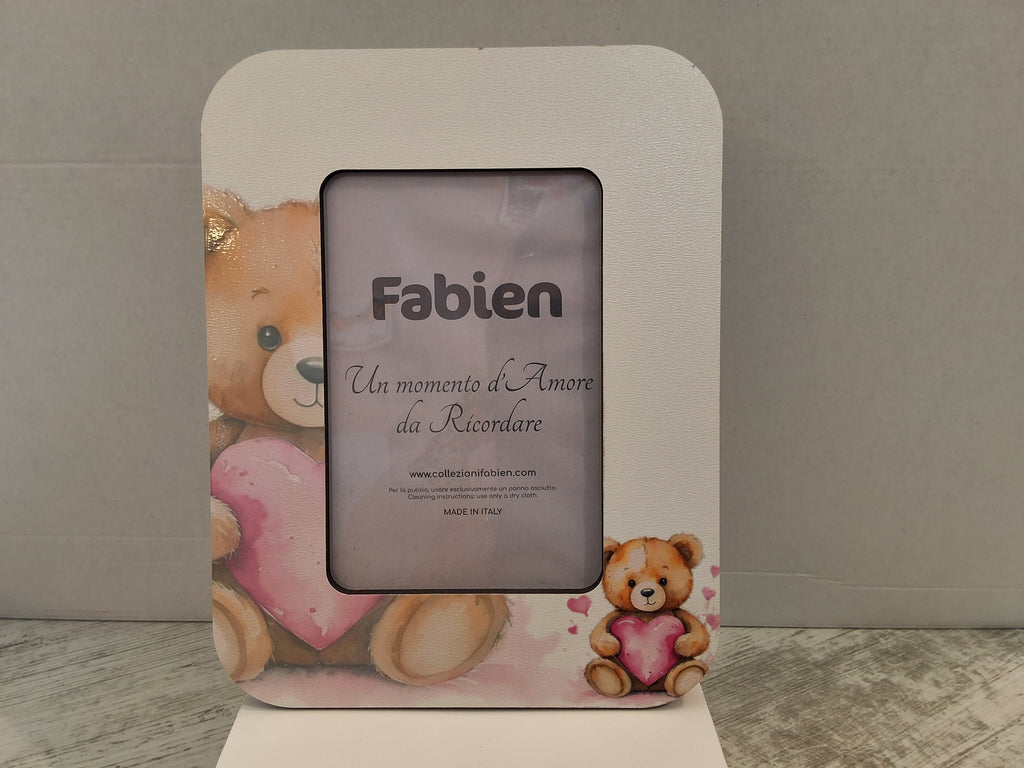 Portafoto Grande in Legno Orsetto con Cuore Rosa "Fabien" - Completo di Scatola e Sacchetto Confetti