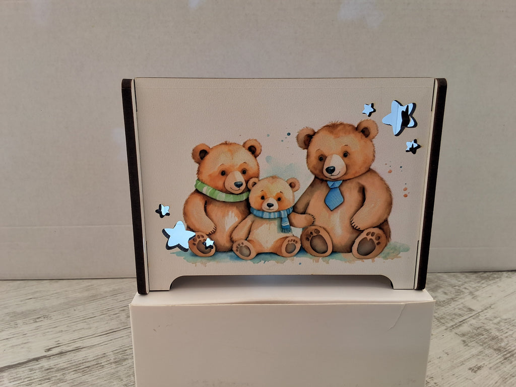 Lampada Lanterna in Legno Famiglia Orsetti con Stelle - Completa di Scatola e Sacchetto Confetti