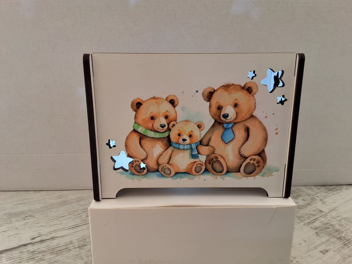 Lampada Lanterna in Legno Famiglia Orsetti con Stelle - Completa di Scatola e Sacchetto Confetti