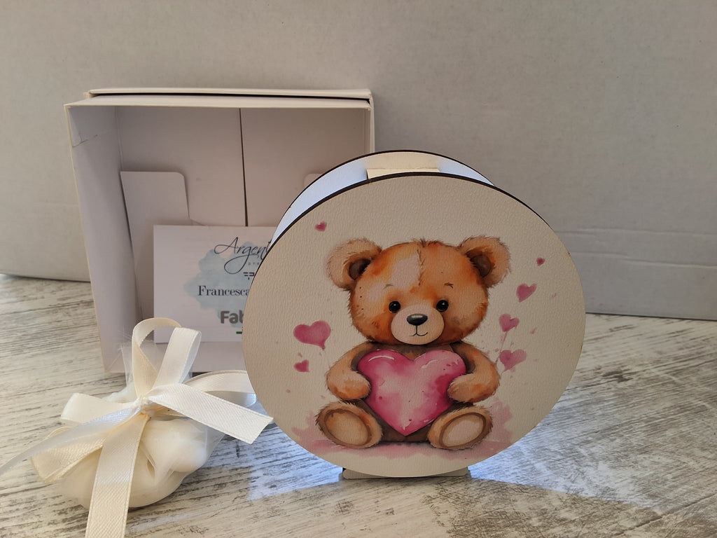 Lampada da Tavolo in Legno Orsetto con Cuore Rosa - Completa di Scatola e Sacchetto Confetti