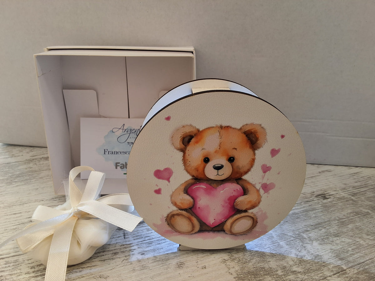 Lampada da Tavolo in Legno Orsetto con Cuore Rosa - Completa di Scatola e Sacchetto Confetti