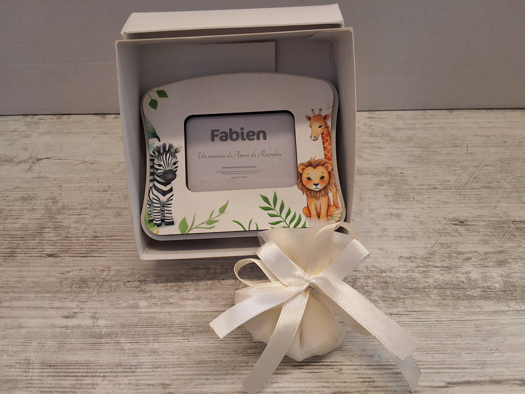 Portafoto Bomboniera Tema Safari "Fabien" - Completa di Scatola e Sacchetto Confetti