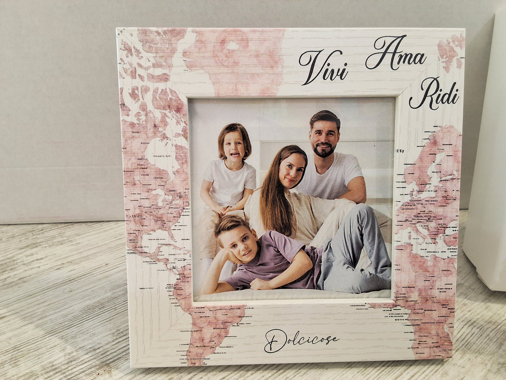 Portafoto Mappamondo 15x15 cm in Legno "Dolcicose" – Bomboniera Confezionata con Scatola e Confetti