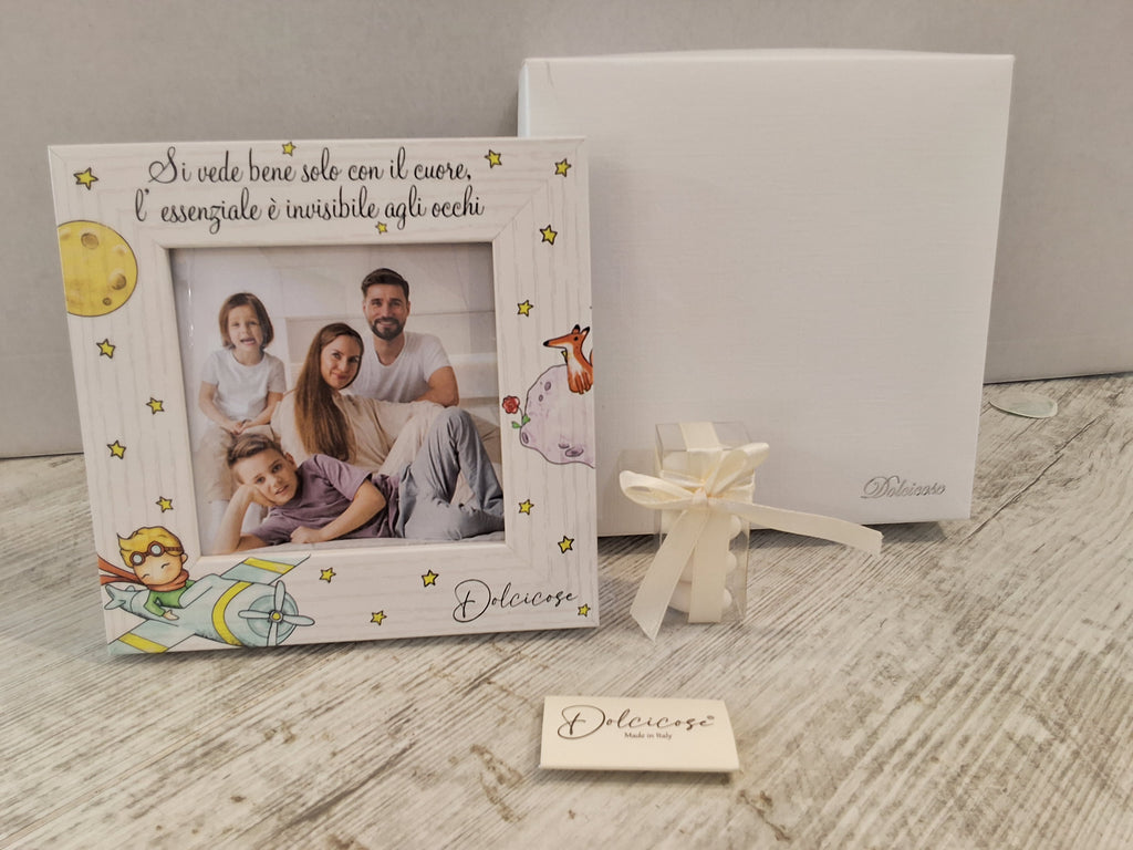 Portafoto Piccolo Principe 15x15 cm in Legno "Dolcicose" – Bomboniera Confezionata con Scatola e Confetti
