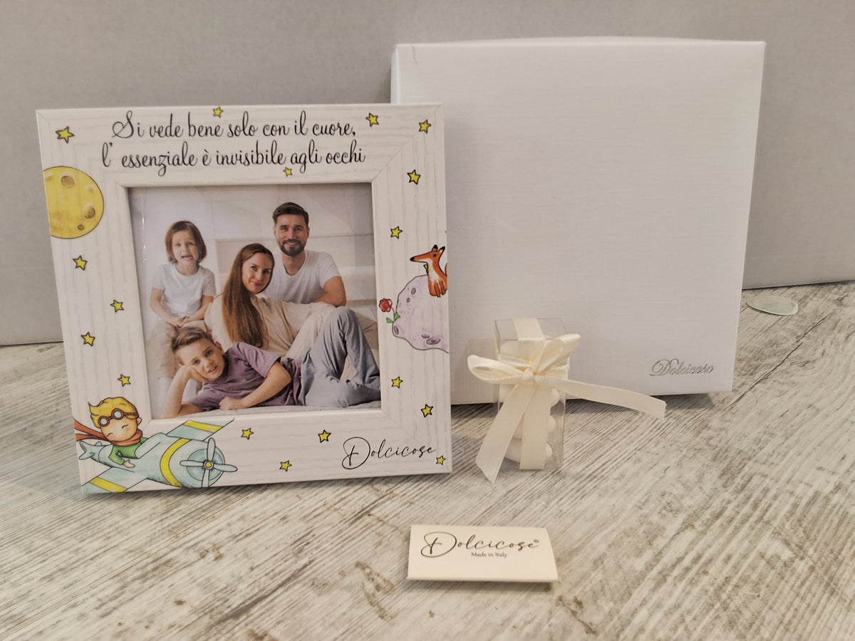 Portafoto Piccolo Principe 15x15 cm in Legno "Dolcicose" – Bomboniera Confezionata con Scatola e Confetti