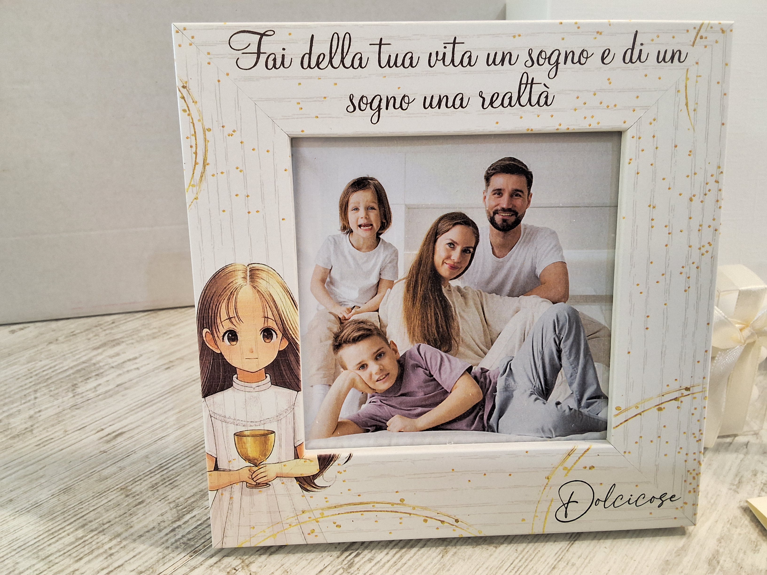 Portafoto Prima Comunione Bimba 15x15 cm in Legno "Dolcicose" – Bomboniera Confezionata con Scatola e Confetti